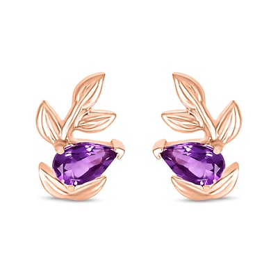 Pear-shaped Amethyst Slant Leafy Vine Stud Earrings in 10K Rose Gold