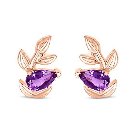 Pear-shaped Amethyst Slant Leafy Vine Stud Earrings in 10K Rose Gold