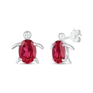 Oval Lab-Created Ruby Sea Turtle Stud Earrings in Sterling Silver