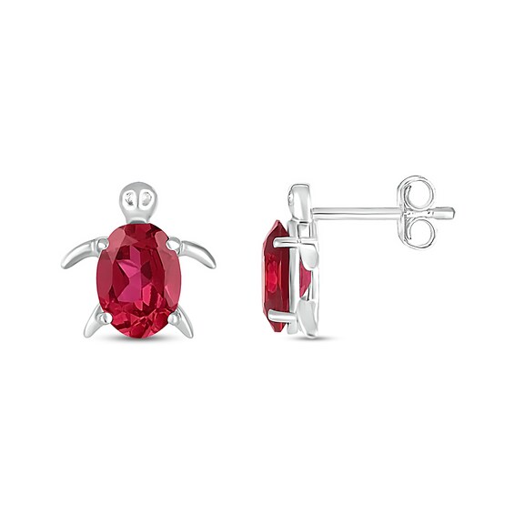 Oval Lab-Created Ruby Sea Turtle Stud Earrings in Sterling Silver