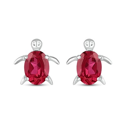 Oval Lab-Created Ruby Sea Turtle Stud Earrings in Sterling Silver