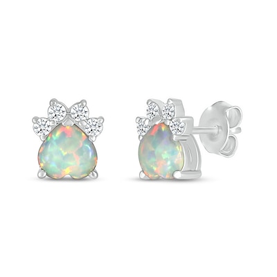 6.0mm Heart-Shaped Lab-Created Opal and White Lab-Created Sapphire Paw Print Stud Earrings in Sterling Silver