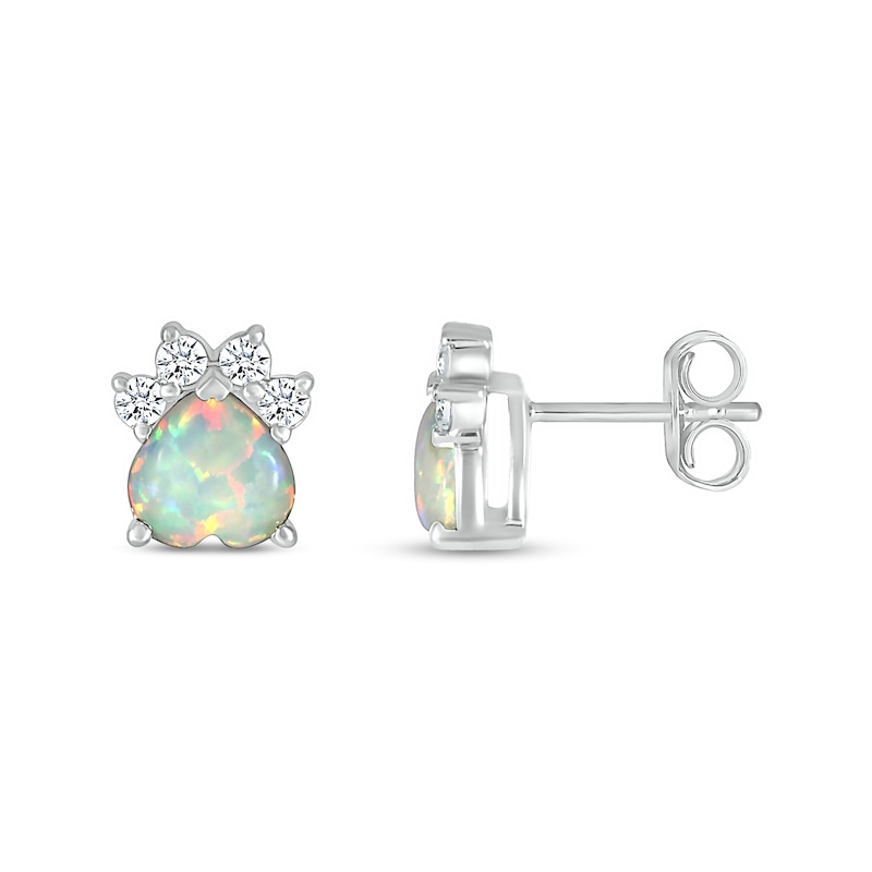 6.0mm Heart-Shaped Lab-Created Opal and White Lab-Created Sapphire Paw Print Stud Earrings in Sterling Silver|Peoples Jewellers
