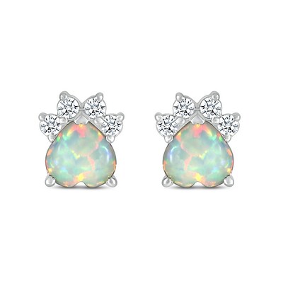 6.0mm Heart-Shaped Lab-Created Opal and White Lab-Created Sapphire Paw Print Stud Earrings in Sterling Silver