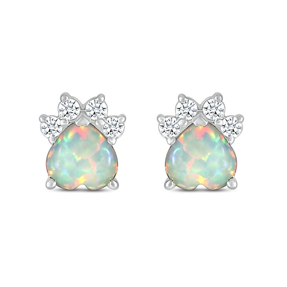 6.0mm Heart-Shaped Lab-Created Opal and White Lab-Created Sapphire Paw Print Stud Earrings in Sterling Silver