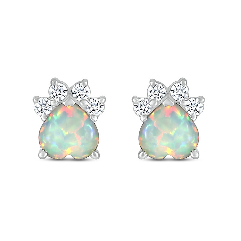 6.0mm Heart-Shaped Lab-Created Opal and White Lab-Created Sapphire Paw Print Stud Earrings in Sterling Silver