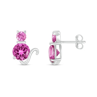 Pink Lab-Created Sapphire Cat Stud Earrings in Sterling Silver