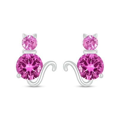 Pink Lab-Created Sapphire Cat Stud Earrings in Sterling Silver