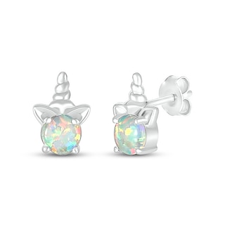 5.0mm Lab-Created Opal Solitaire Unicorn Stud Earrings in Sterling Silver