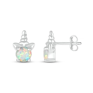 5.0mm Lab-Created Opal Solitaire Unicorn Stud Earrings in Sterling Silver