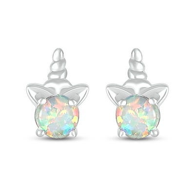 5.0mm Lab-Created Opal Solitaire Unicorn Stud Earrings in Sterling Silver