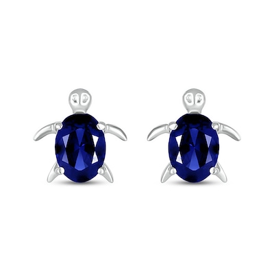 Oval Blue Lab-Created Sapphire Sea Turtle Stud Earrings in Sterling Silver