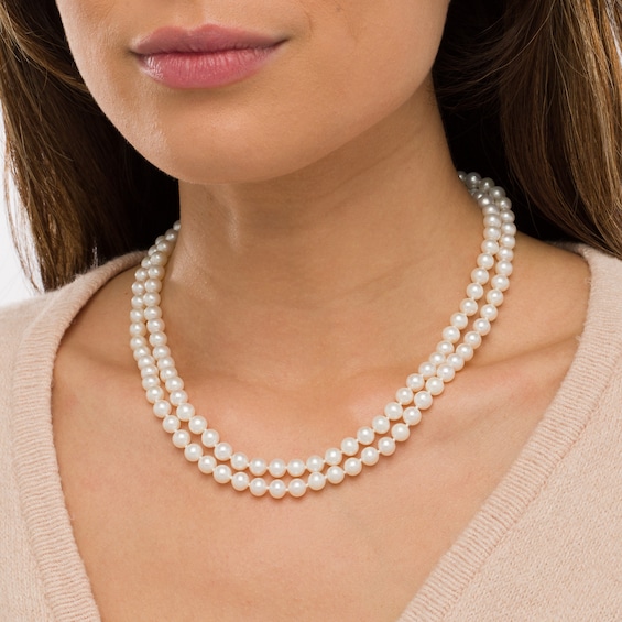 6.0-7.0mm Freshwater Cultured Pearl Double Strand Necklace with 14K Gold Clasp