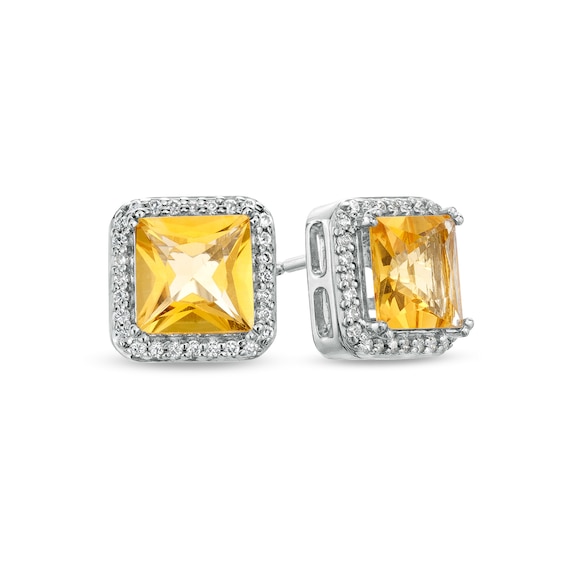 6.0mm Princess-Cut Citrine and 0.13 CT. T.W. Diamond Octagonal Frame Stud Earrings in 10K White Gold