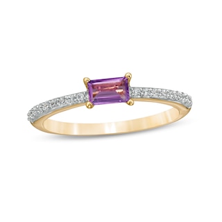 Sideways Baguette Amethyst and 0.12 CT. T.W. Diamond Stackable Ring in 10K Gold