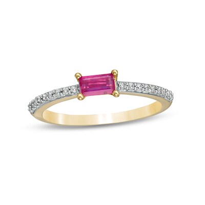 Sideways Baguette Ruby and 0.12 CT. T.W. Diamond Stackable Ring in 10K Gold