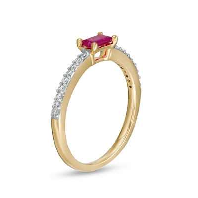 Sideways Baguette Ruby and 0.12 CT. T.W. Diamond Stackable Ring in 10K Gold