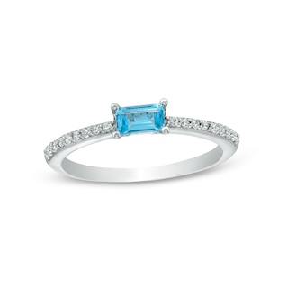 Sideways Baguette Swiss Blue Topaz and 0.12 CT. T.W. Diamond Stackable Ring in 10K White Gold