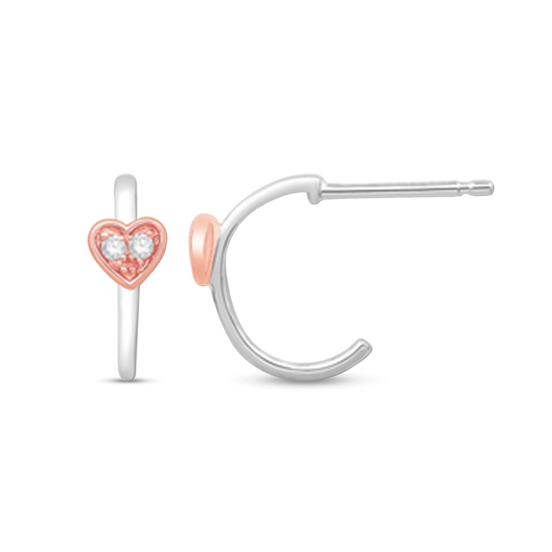 0.07 CT. T.W. Diamond Heart Huggie Hoop Earrings in Sterling Silver and 10K Rose Gold|Peoples Jewellers