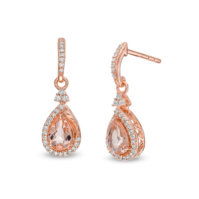 Pear-Shaped Morganite and 0.145 CT. T.W. Diamond Frame Tri-Top Teardrop Earrings in 10K Rose Gold