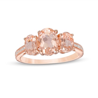 Oval Morganite and 0.04 CT. T.W. Diamond Three Stone Ring in 10K Rose Gold