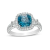 Cushion-Cut London Blue Topaz and 0.45 CT. T.W. Baguette and Round Diamond Frame Tri-Sides Ring in 14K  White Gold