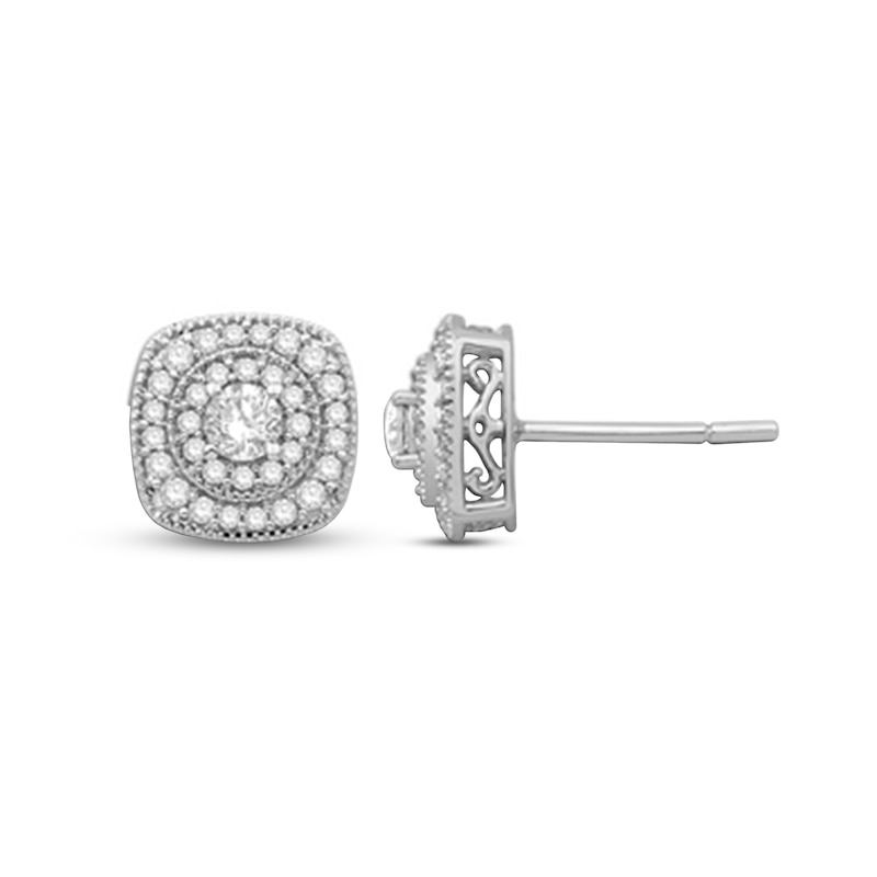 0.45 CT. T.W. Diamond Double Cushion-Shaped Frame Stud Earrings in 10K White Gold|Peoples Jewellers