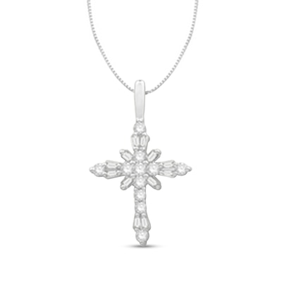 0.29 CT. T.W. Baguette and Round Diamond Cross Pendant in 10K White Gold – 19"