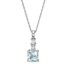 Thumbnail Image 0 of 6.0mm Cushion-Cut Aquamarine and 0.08 CT. T.W. Baguette and Round Diamond Drop Pendant in 14K White Gold