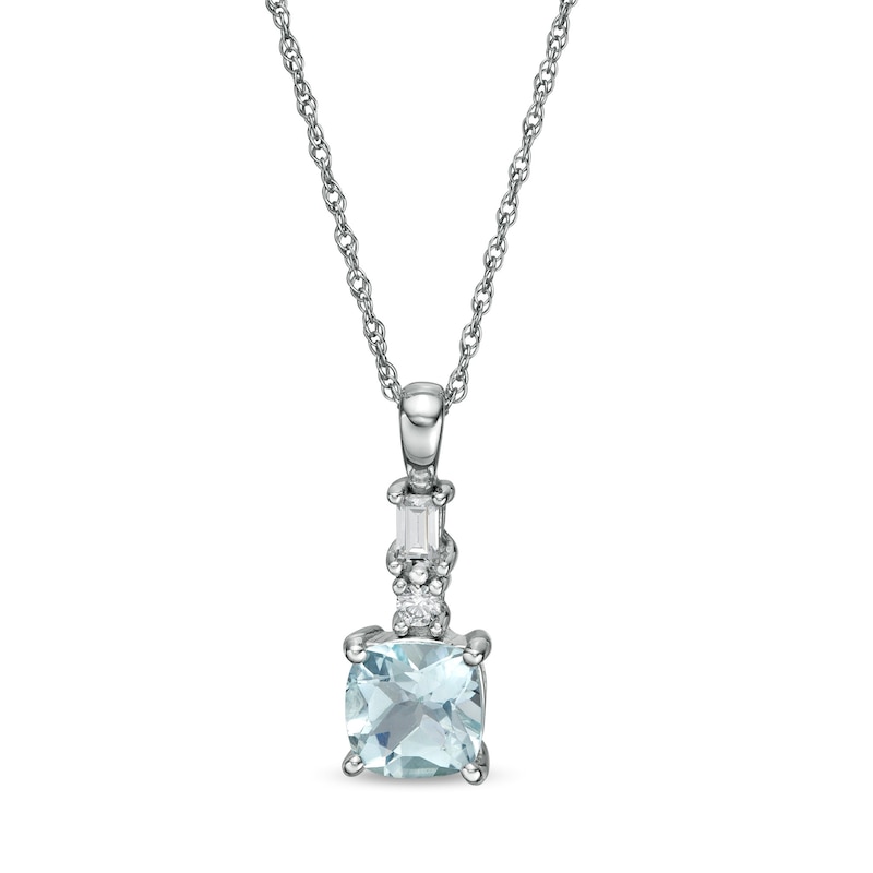 6.0mm Cushion-Cut Aquamarine and 0.08 CT. T.W. Baguette and Round Diamond Drop Pendant in 14K White Gold|Peoples Jewellers