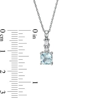 6.0mm Cushion-Cut Aquamarine and 0.08 CT. T.W. Baguette and Round Diamond Drop Pendant in 14K White Gold