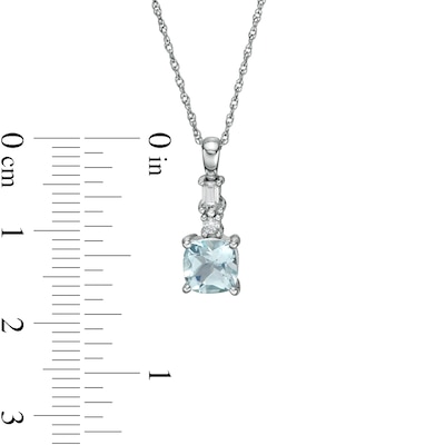 6.0mm Cushion-Cut Aquamarine and 0.08 CT. T.W. Baguette and Round Diamond Drop Pendant in 14K White Gold