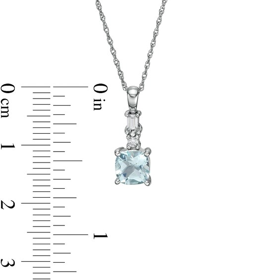 6.0mm Cushion-Cut Aquamarine and 0.08 CT. T.W. Baguette and Round Diamond Drop Pendant in 14K White Gold