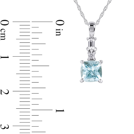 6.0mm Cushion-Cut Aquamarine and 0.08 CT. T.W. Baguette and Round Diamond Drop Pendant in 14K White Gold