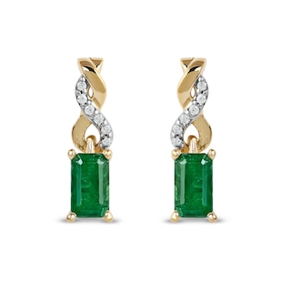 Emerald-Cut Emerald and Diamond Accent Twist Drop Earrings in 14K Gold