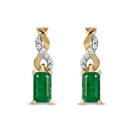 Emerald-Cut Emerald and Diamond Accent Twist Drop Earrings in 14K Gold