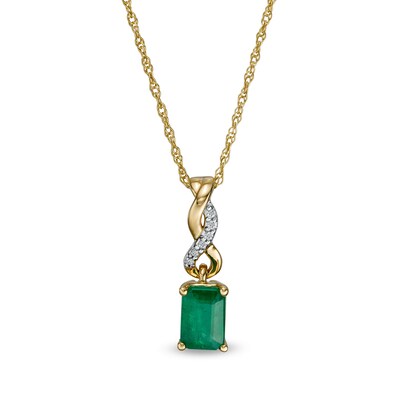 Emerald-Cut Emerald and Diamond Accent Twist Drop Pendant in 14K Gold