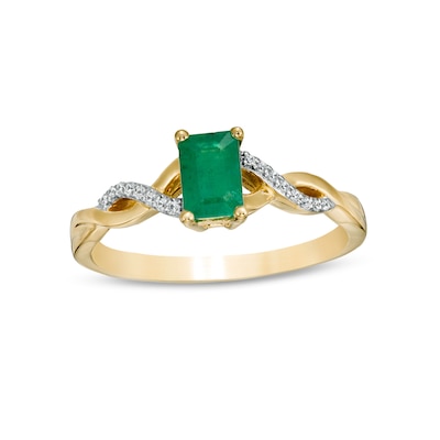 Emerald-Cut Emerald and 0.05 CT. T.W. Diamond Twist Shank Ring in 14K Gold