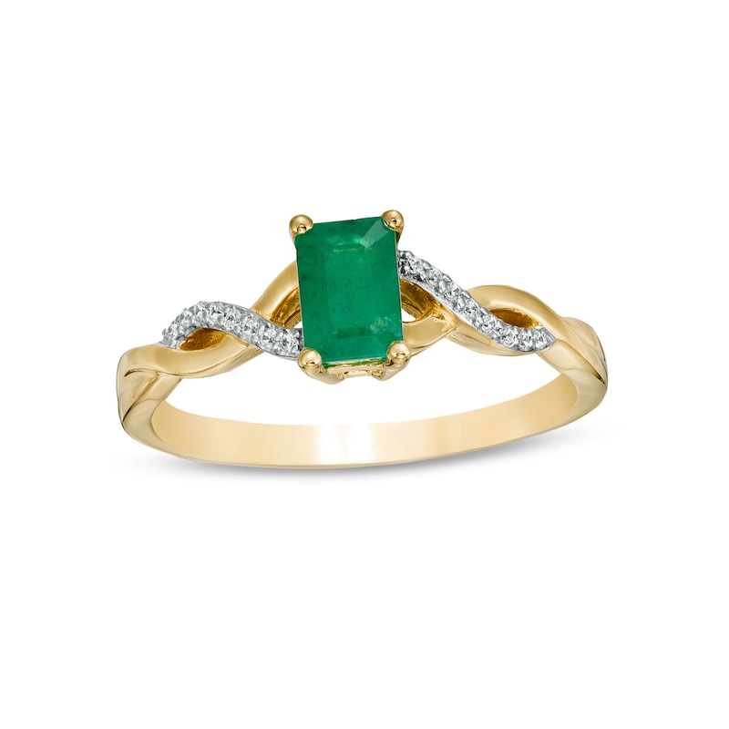 Emerald-Cut Emerald and 0.05 CT. T.W. Diamond Twist Shank Ring in 14K Gold|Peoples Jewellers