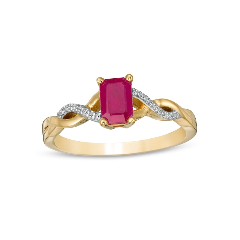 Emerald-Cut Ruby and 0.05 CT. T.W. Diamond Twist Shank Ring in 14K Gold|Peoples Jewellers