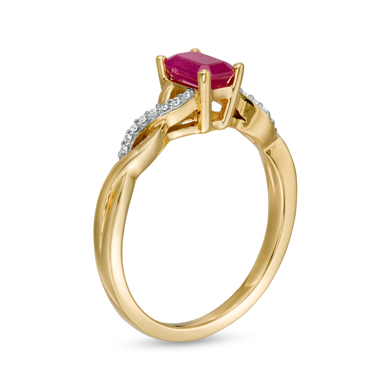 Emerald-Cut Ruby and 0.05 CT. T.W. Diamond Twist Shank Ring in 14K Gold|Peoples Jewellers