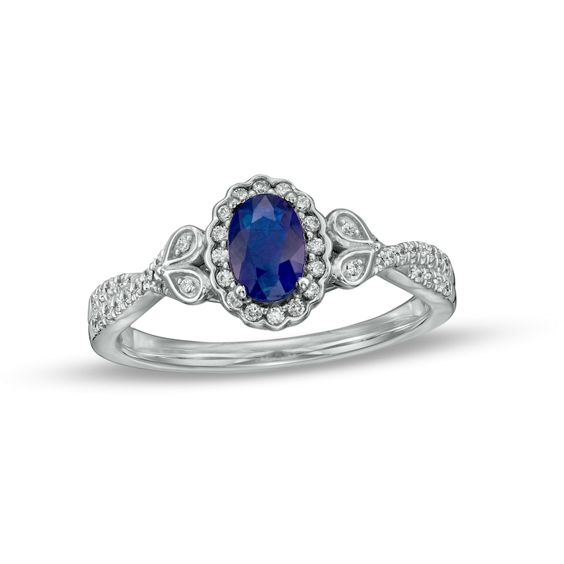 Oval Blue Sapphire and 0.20 CT. T.W. Diamond Scallop Frame Leaf-Sides Twist Shank Flower Ring in 14K White Gold|Peoples Jewellers