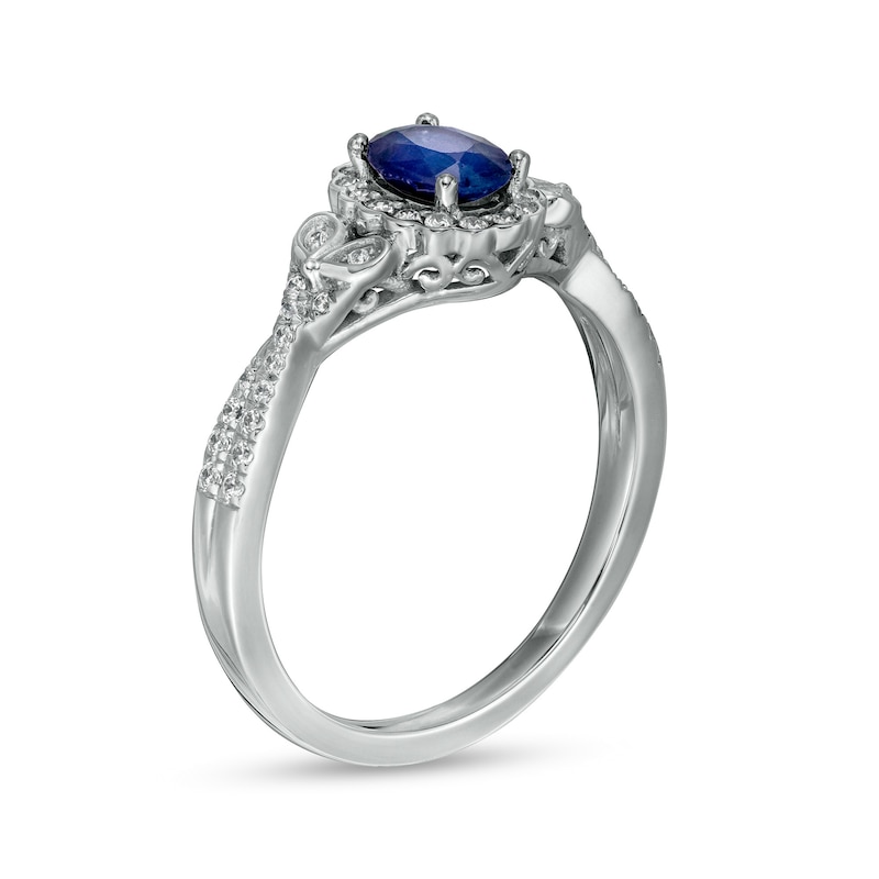 Oval Blue Sapphire and 0.20 CT. T.W. Diamond Scallop Frame Leaf-Sides Twist Shank Flower Ring in 14K White Gold|Peoples Jewellers