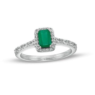 Emerald-Cut Emerald and 0.20 CT. T.W. Baguette and Round Diamond Frame Alternating Shank Ring in 14K White Gold