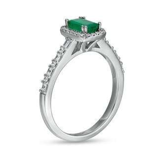 Emerald-Cut Emerald and 0.20 CT. T.W. Baguette and Round Diamond Frame Alternating Shank Ring in 14K White Gold