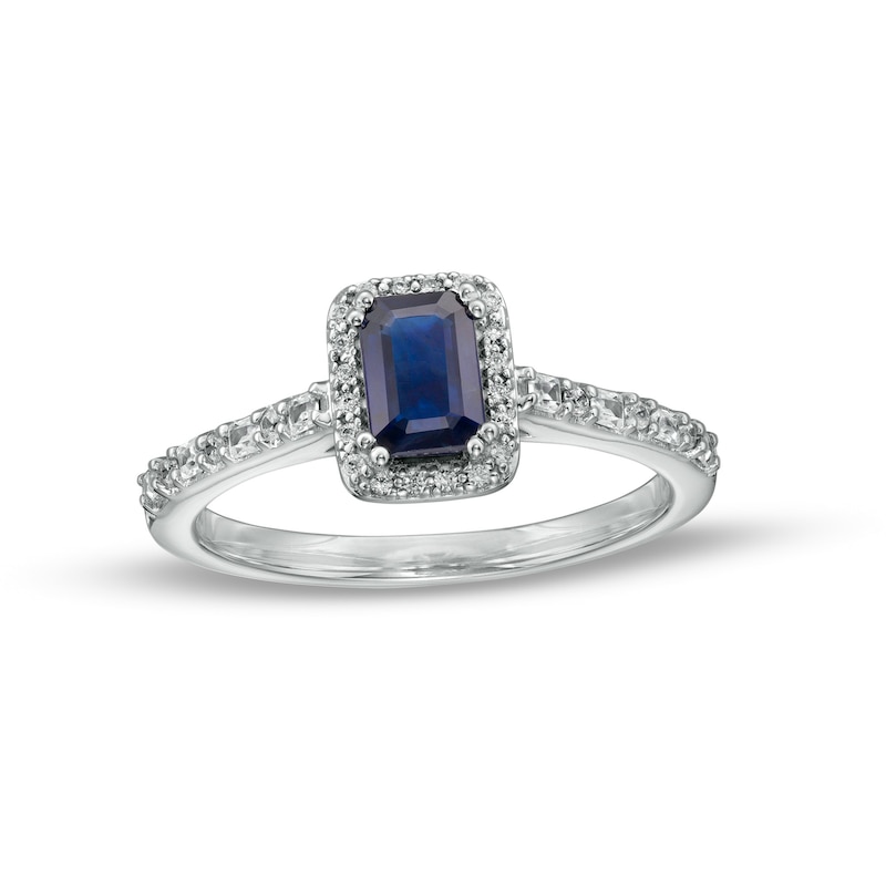 Emerald-Cut Blue Sapphire and 0.20 CT. T.W. Baguette and Round Diamond Frame Alternating Shank Ring in 14K White Gold|Peoples Jewellers