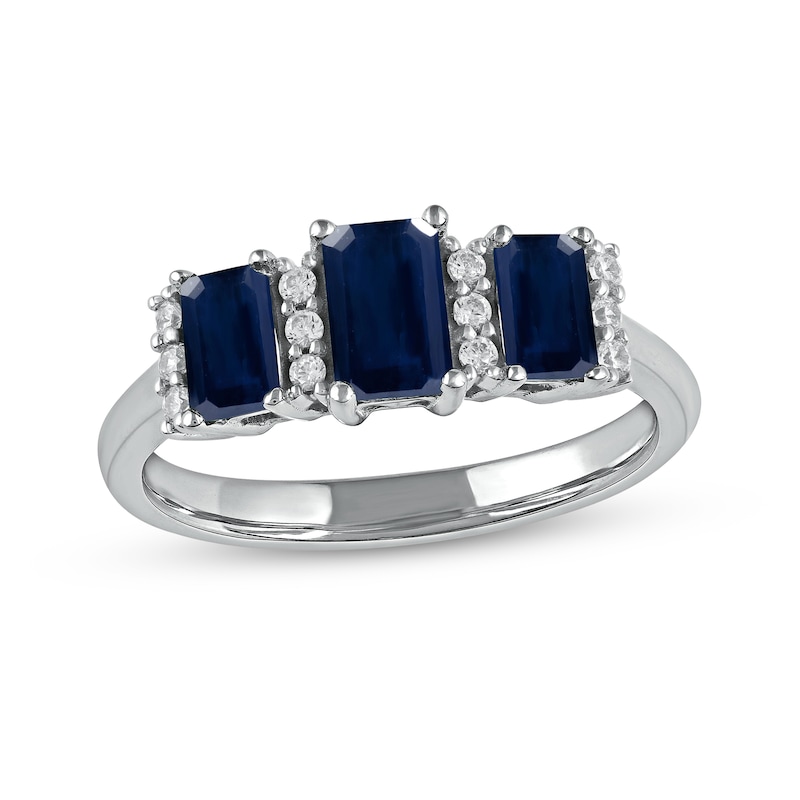 Emerald-Cut Blue Sapphire and 0.12 CT. T.W. Diamond Stacked Trios Three Stone Ring in 14K White Gold|Peoples Jewellers