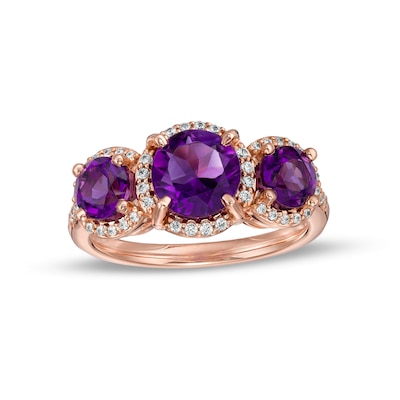 Amethyst and 0.20 CT. T.W. Diamond Frame Three Stone Ring in 14K Rose Gold