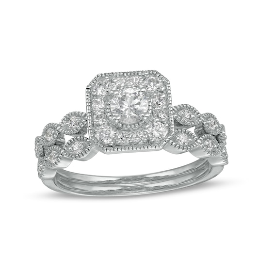 0.58 CT. T.W. Diamond Octagonal Frame Vintage-Style Bridal Set in 10K White Gold (J/I3)