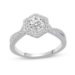 0.66 CT. T.W. Diamond Hexagon Frame Twist Shank Engagement Ring in 14K White Gold